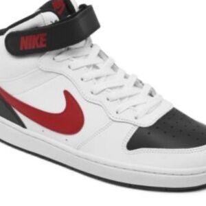 Nike Men's White and Black Sneakers with Red Swoosh